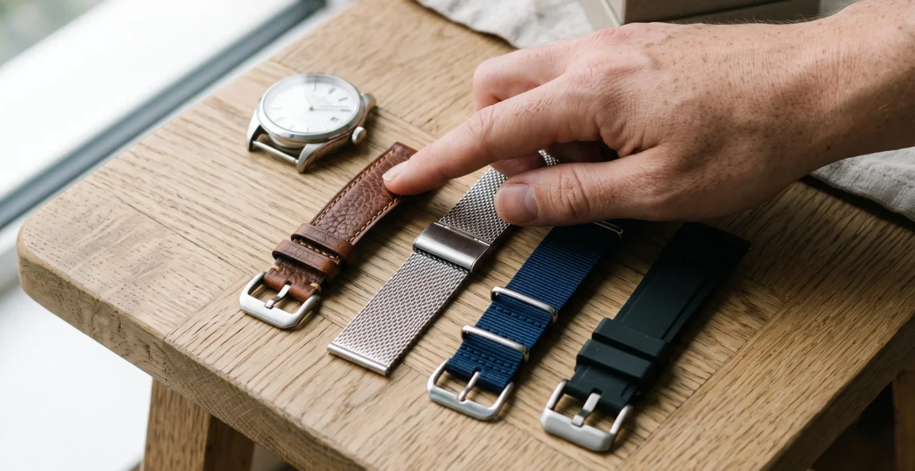 Quatre bracelets de montre interchangeables de matières différentes disposés côte à côte avec une main sélectionnant le bracelet en cuir