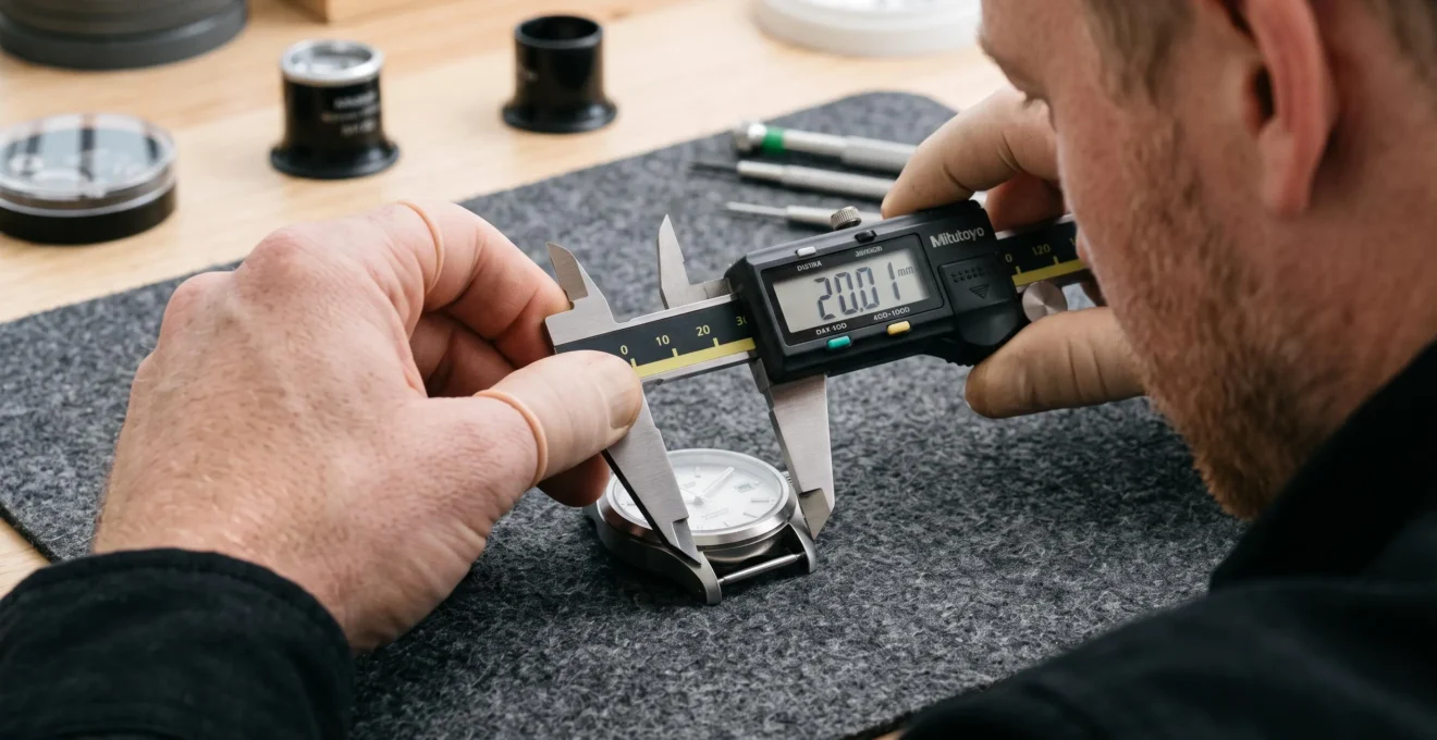 Pied à coulisse mesurant l'entraxe d'un boîtier de montre sur un tapis d'horloger